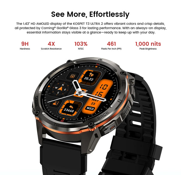 KOSPET TANK T3 Ultra 2 GPS Smart Watch Men Compass Altimeter Barometric 60 Days Battery 5ATM IP69K Waterproof AMOLED BT Call