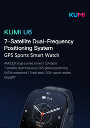 KUMI U6 1.96″ AMOLED Screen GPS Smart Watch Bluetooth Call Compass Path Retracing Heart Rate Measurement Oximetry Men Women