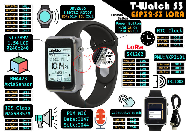 LILYGO® T-Watch-S3 Programmable Touchable Watch Integrated ESP32-S3 WIFI Bluetooth LoRa BMA423 Sensor MAX98357A Mic Speaker