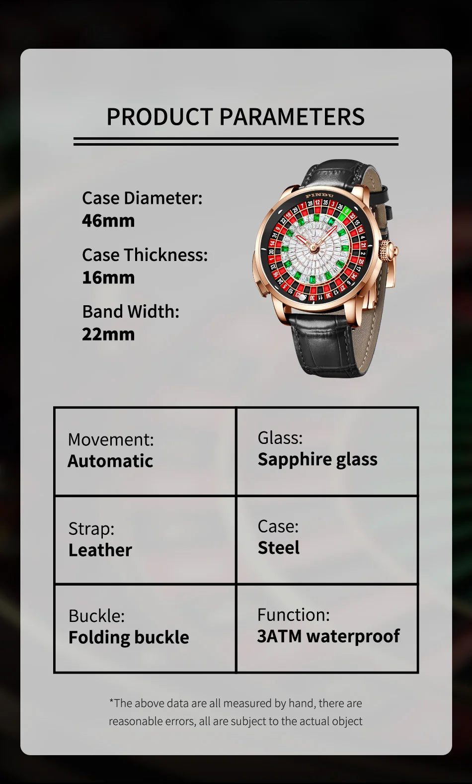 Pindu Gambling Dish Series Full Automatic Mechanical Watch for Men European Roulette Game Sports Fun Design Party Watch