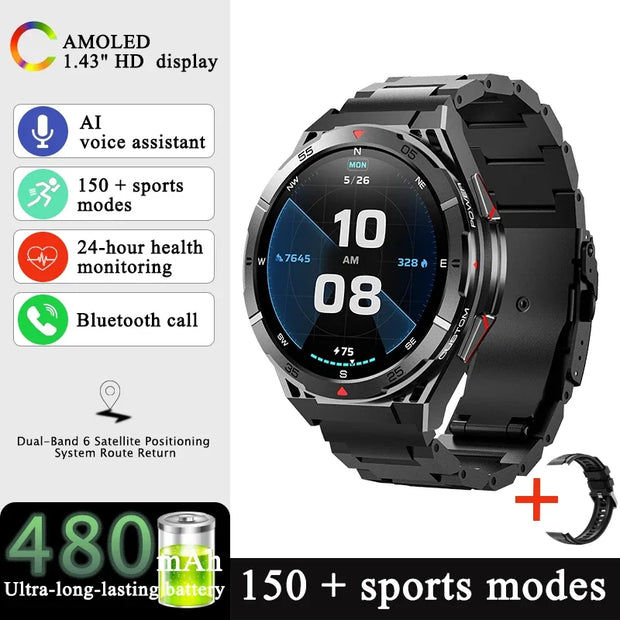 YTOM X2 GPS 3ATM Waterproof SmartWatch with Compass 1.43inch Amoled HD Round Screen Sports Smart Watch for Men women