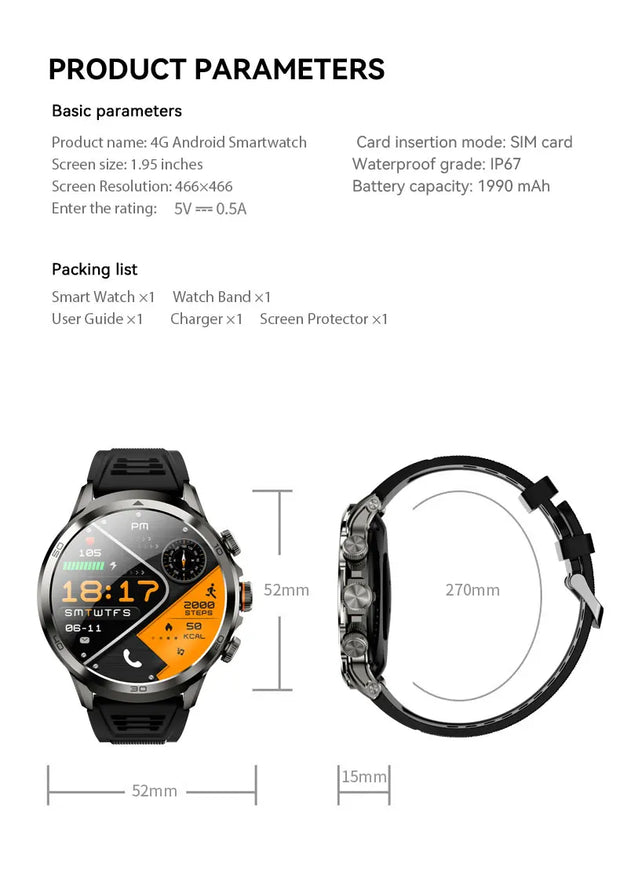 NEW Arrival 4G Full Netcom Android Smartwatch 1.95 inch Amoled Spherical Screen 256GB Storage GPS WIFI Download Smart Watch H19